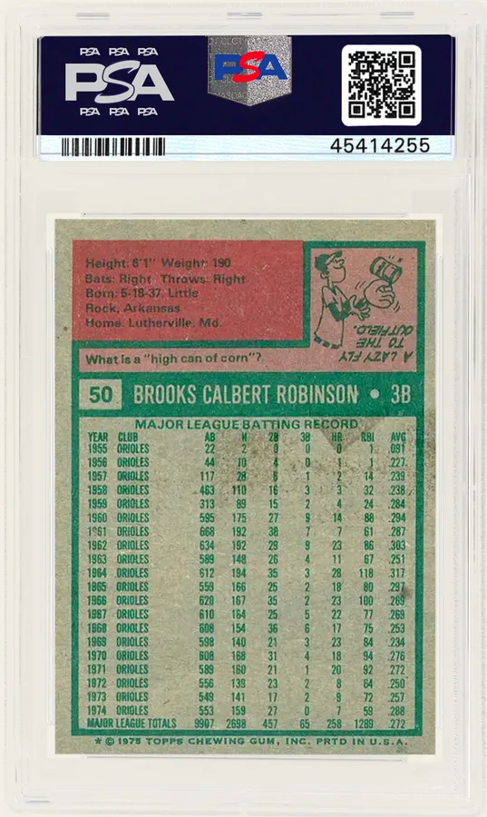 Back of a 1975 Topps Brooks Robinson #50 card in a PSA holder, with staining and wear visible on the card back