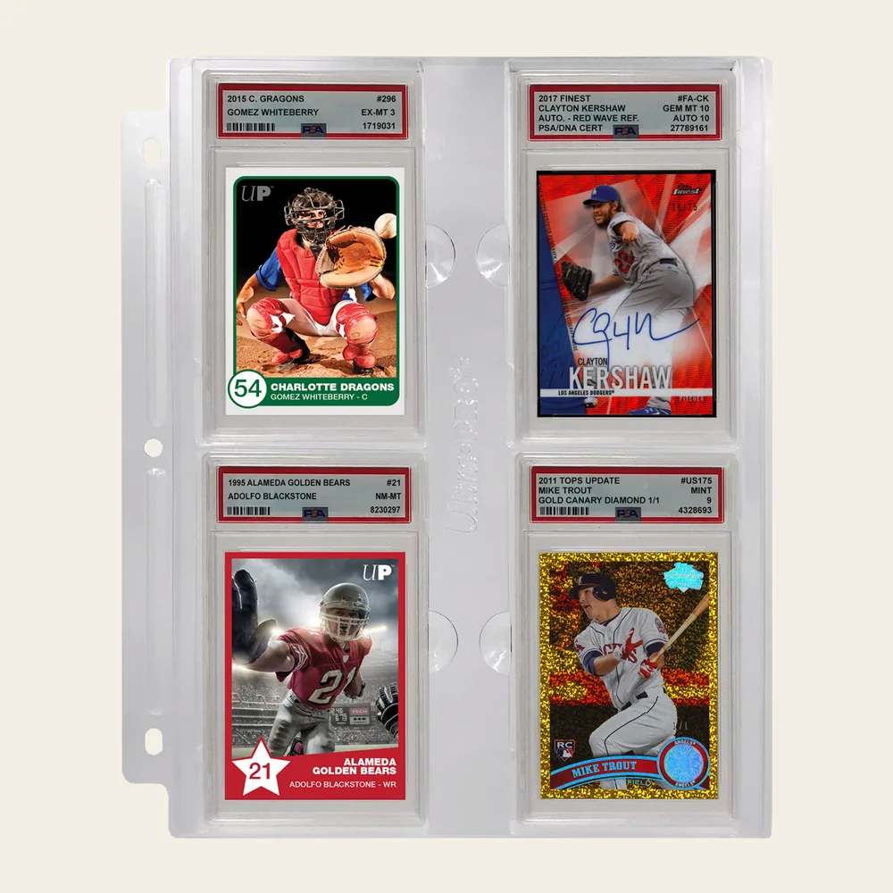 Ultra PRO 4-pocket page holding four PSA slabs, including a 2017 Finest Clayton Kershaw autograph and a 2011 Topps Update Mike Trout Gold Canary Diamond 1/1