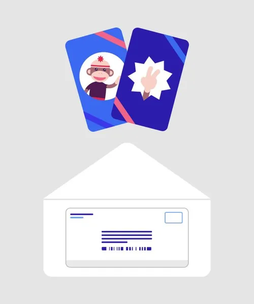 eBay illustration of two trading cards above a white envelope with an address label, from its standard envelope tips