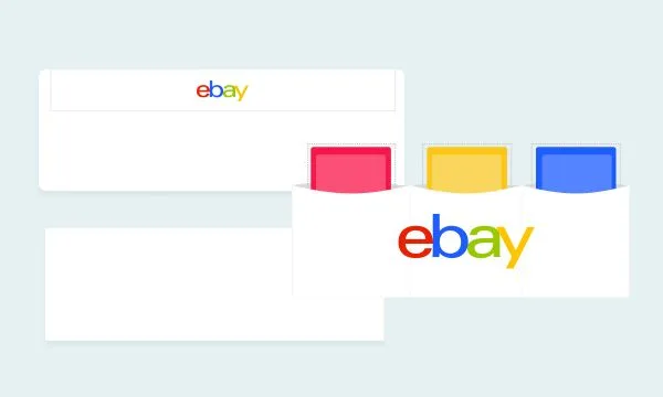 eBay illustration of white standard envelopes with red, yellow and blue card pockets and an eBay logo