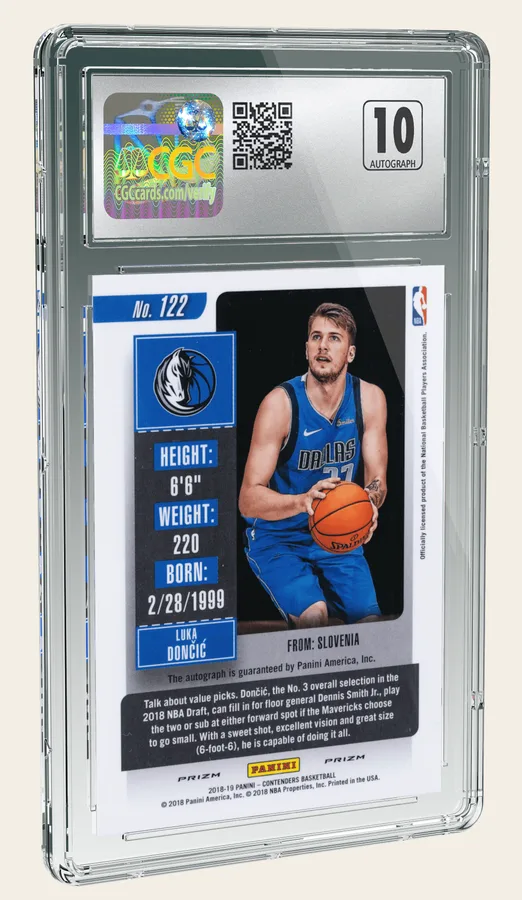 CGC slab holding a 2018-19 Panini Contenders Luka Doncic No. 122 card with a holographic label, QR code and Autograph 10 grade