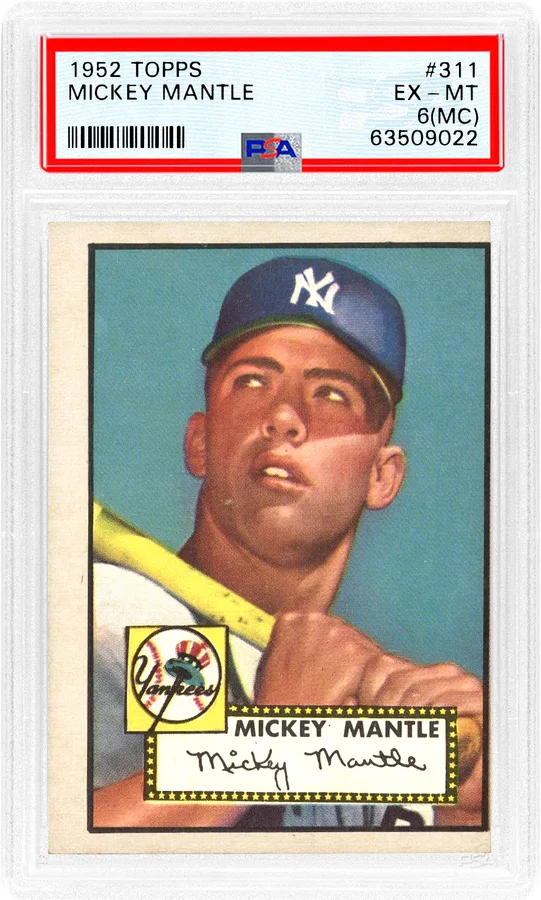 PSA slab of a 1952 Topps Mickey Mantle #311 graded EX-MT 6 with the MC qualifier, the card showing a wider left border than right