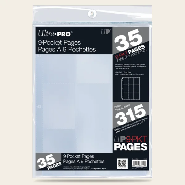 Ultra PRO pack of 35 clear 9-pocket pages for standard size cards, marked no PVC and acid free