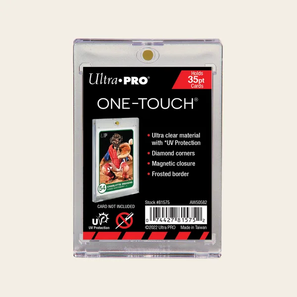 Ultra PRO 35pt ONE-TOUCH magnetic holder package with a sample card inside and a UV protection mark