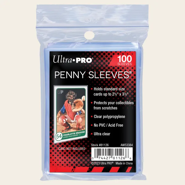 Ultra PRO pack of 100 penny sleeves for standard cards up to 2.5 by 3.5 inches, marked clear polypropylene, no PVC and acid free