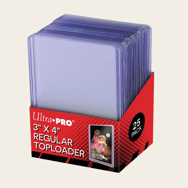 Display box of 25 Ultra PRO 3 by 4 inch regular toploaders with clear rigid holders standing upright