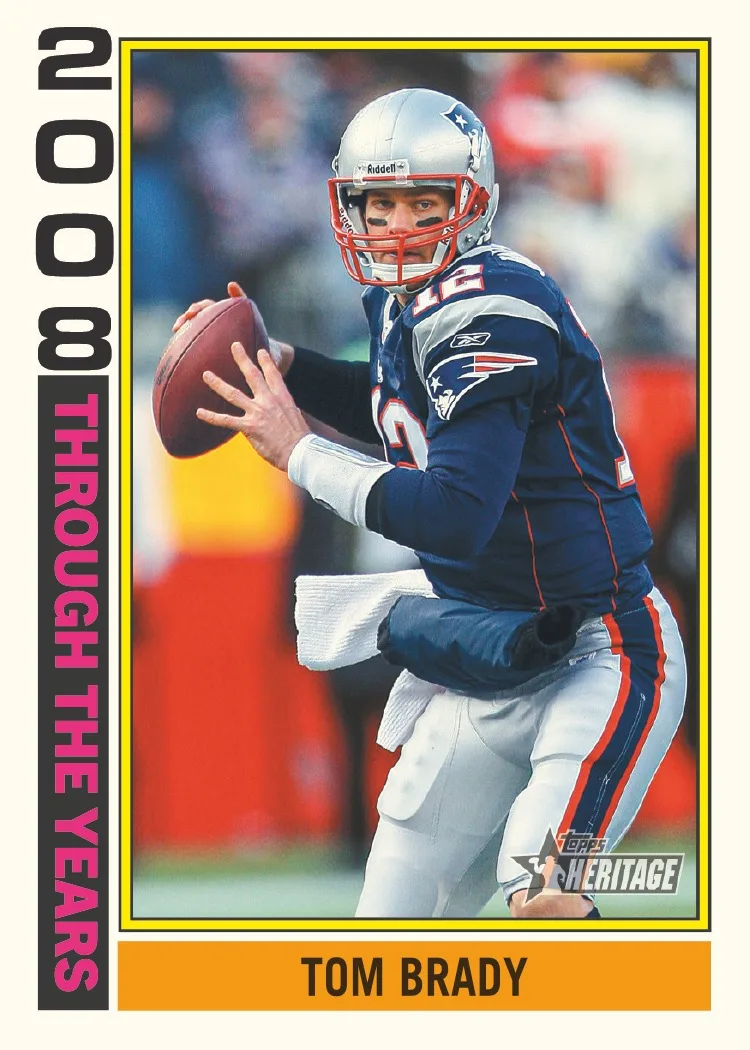 2026 Topps Heritage Football Tom Brady card in a 2008 Through the Years design, Patriots uniform, yellow border