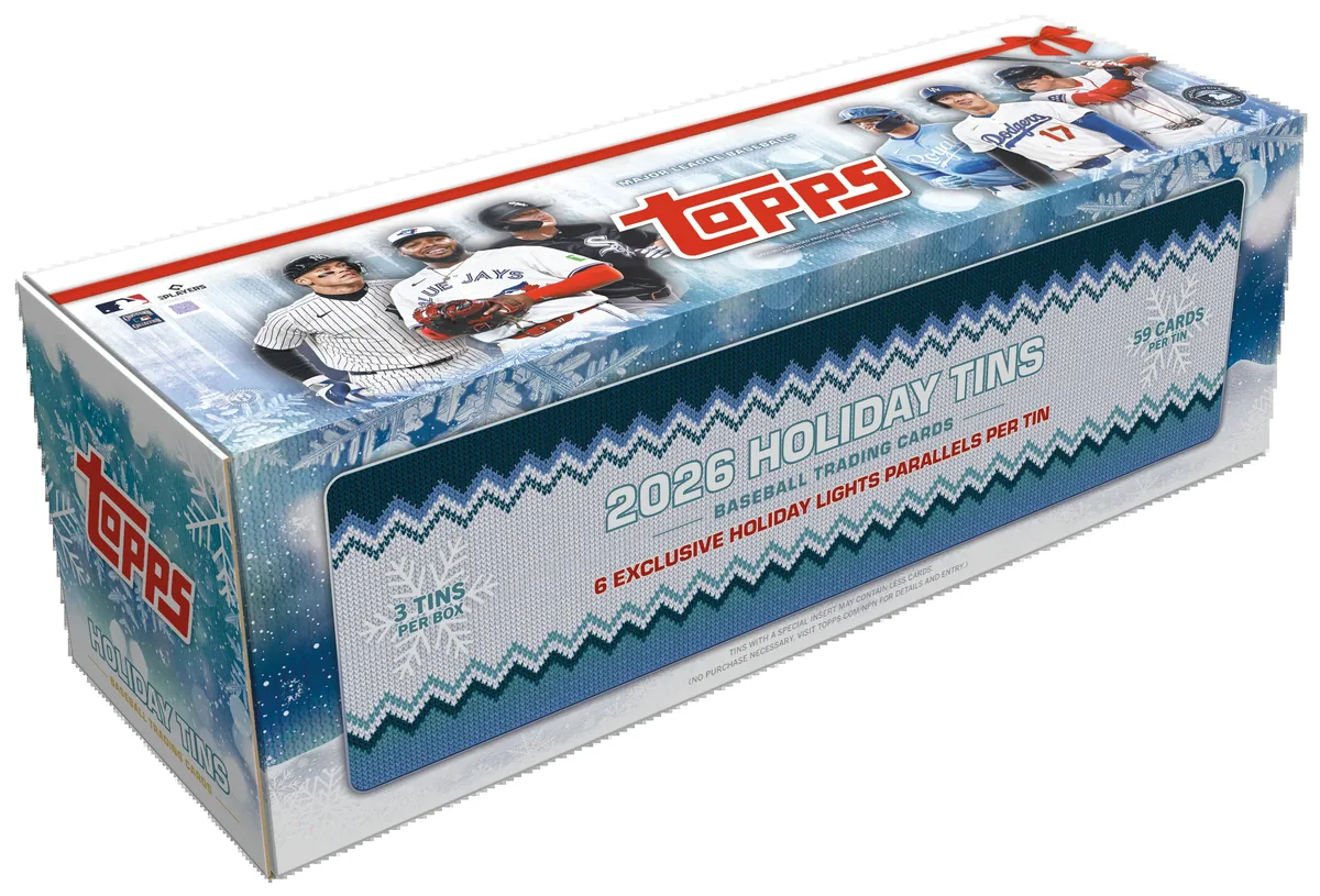2026 Topps Holiday Baseball collector tin box listing three tins per box, 59 cards per tin and six exclusive Holiday Lights parallels per tin
