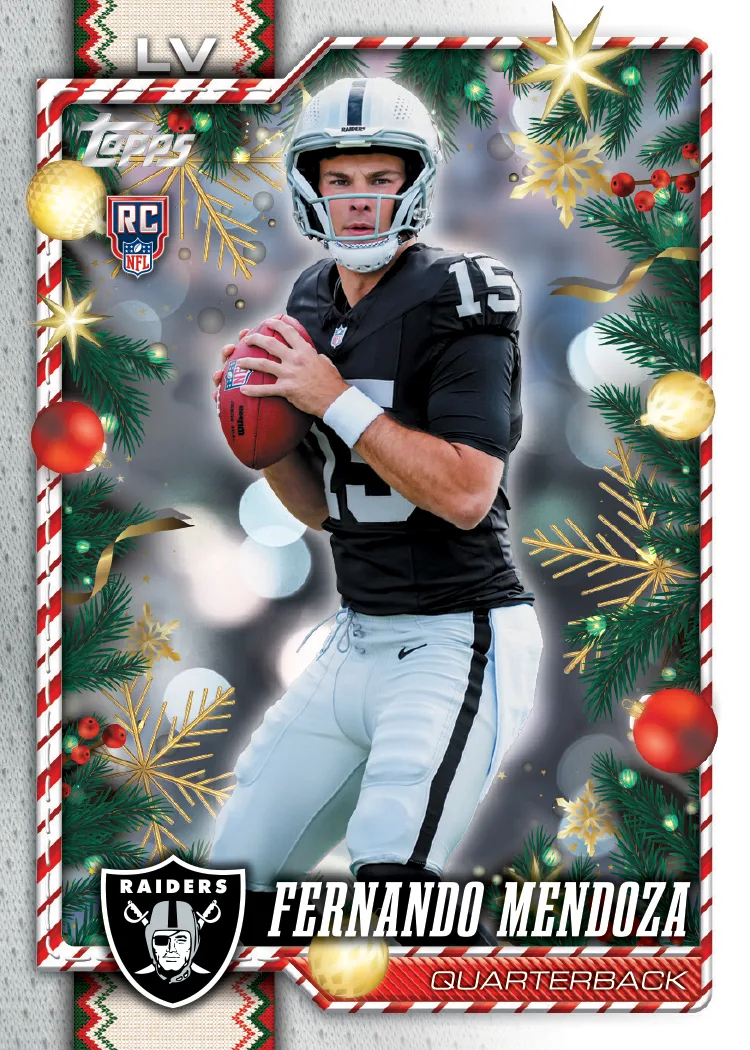 2026 Topps Holiday Football rookie card of Raiders quarterback Fernando Mendoza with an RC logo and a pine branch and ornament border
