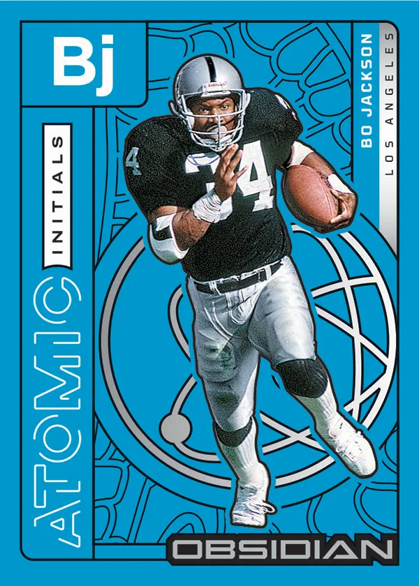 2026 Panini Obsidian Football Atomic Initials card of Bo Jackson, Los Angeles, in a black number 34 jersey on a blue background