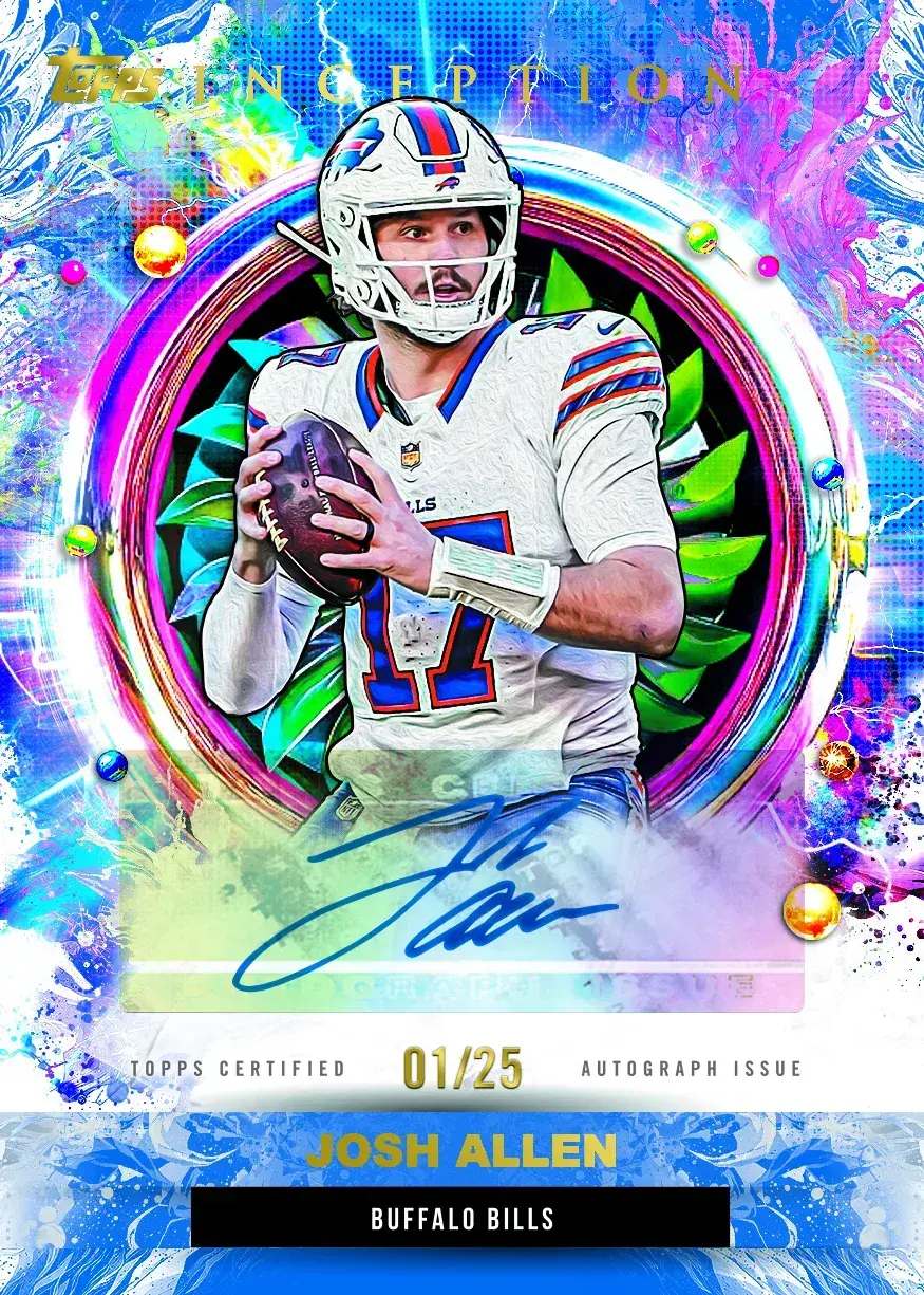 Josh Allen 2026 Inception autograph with a blue signature over a painted background and 01/25 printed in gold under the photo