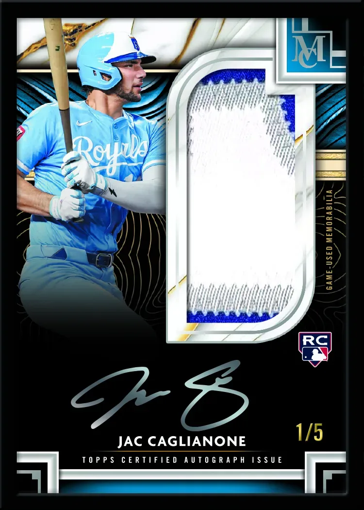 Jac Caglianone 2026 Museum Collection patch autograph with a white jersey swatch, silver signature and 1/5 printed at the lower right