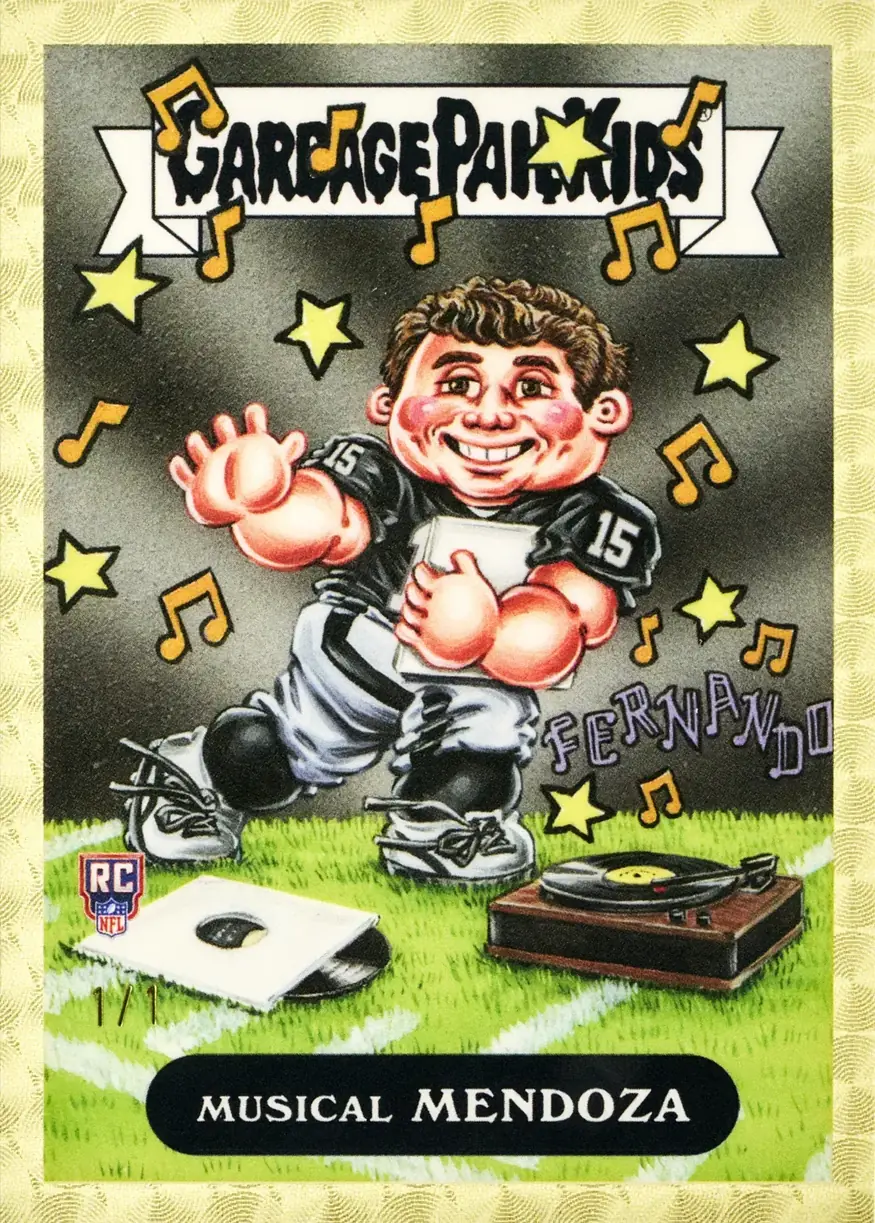 Fernando Mendoza Musical Mendoza Garbage Pail Kids card with an RC logo and 1/1 printed in gold at the lower left