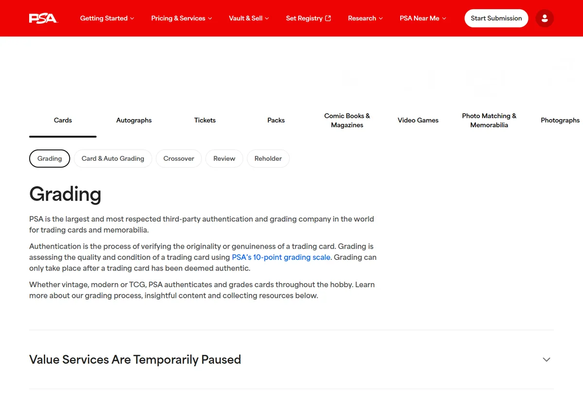 PSA services web page showing the Grading tab and the Value Services Are Temporarily Paused notice
