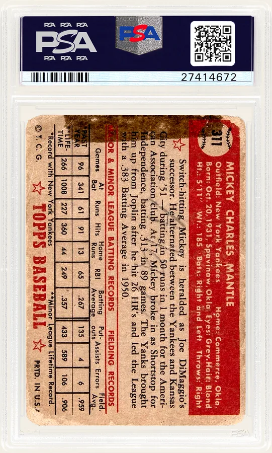 Back of a PSA slab holding a 1952 Topps Mickey Mantle #311 with a marked line across the text block, PSA's example for the MK qualifier