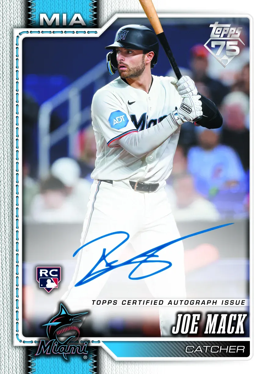 Joe Mack 2026 Topps autograph card with a blue signature, an MLB RC logo and the Topps 75 logo, batting in a white Marlins uniform