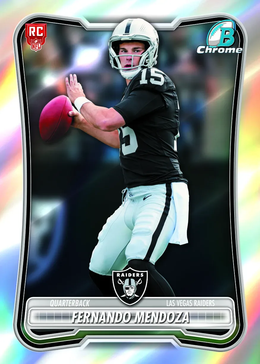 Fernando Mendoza Bowman Chrome rookie card with a red RC logo, throwing in a black Raiders jersey number 15