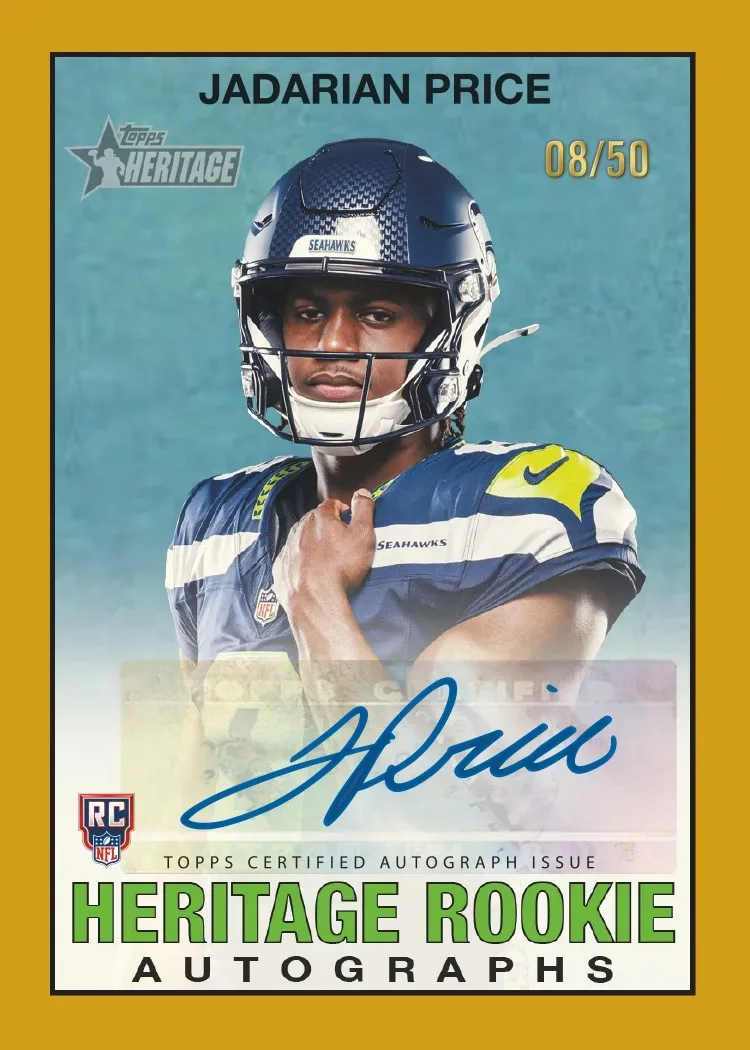 Jadarian Price Gold Heritage Rookie Autograph numbered 08/50 with a blue signature and an NFL RC logo, in a Seahawks helmet