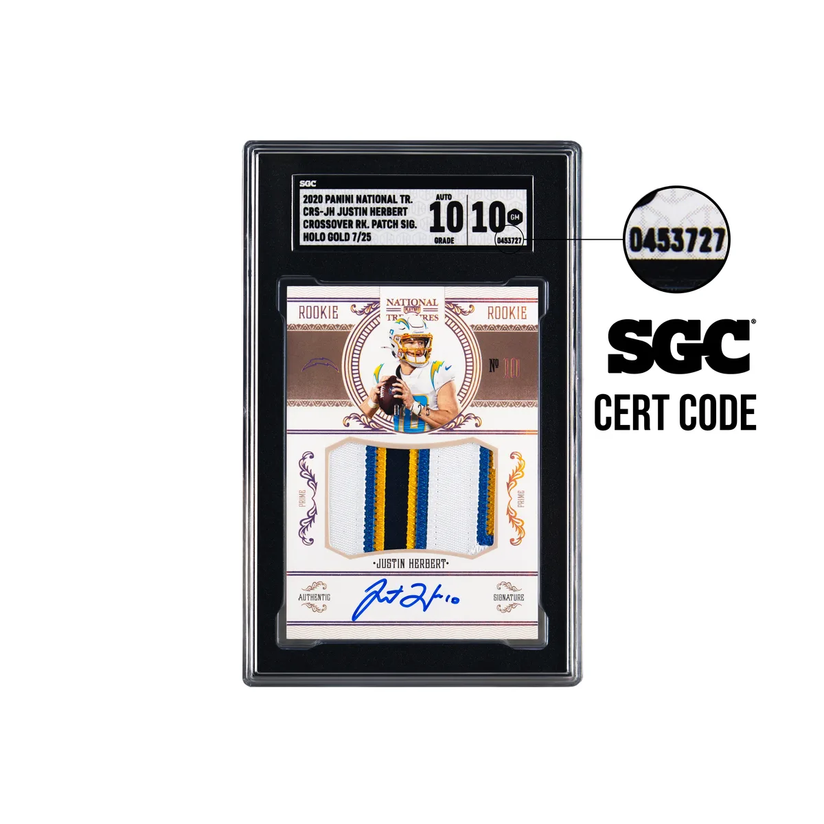 SGC 10 slab of a Justin Herbert 2020 Panini National Treasures rookie patch autograph with a callout pointing to the SGC cert code on the label