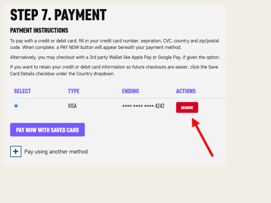 SGC web submission screen at step 7, payment, with card payment instructions, a saved Visa card and a red Remove button