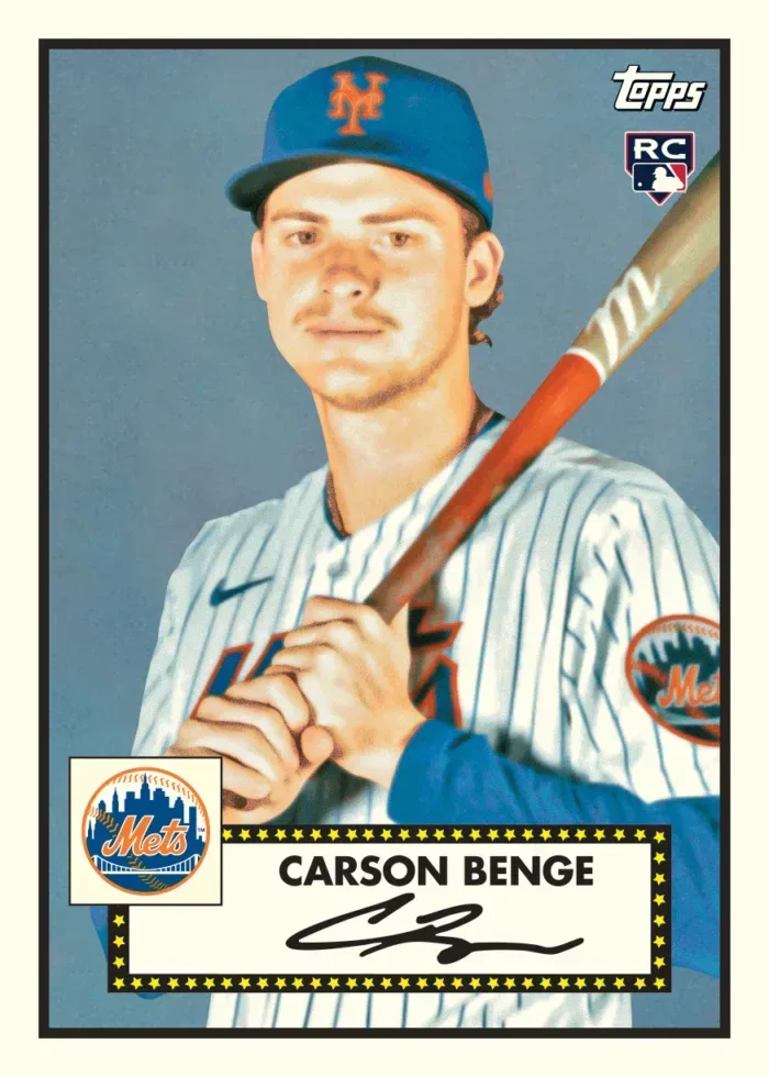 2026 Topps Update Series Carson Benge Mets rookie card in a 1952-style design with an on-card style signature line