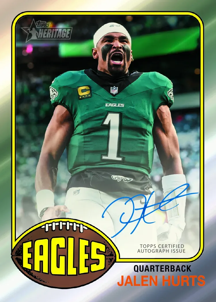 2026 Topps Heritage Football Jalen Hurts Eagles autograph card with a blue signature and Topps Certified Autograph Issue text