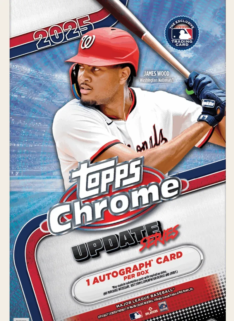 2025 Topps Chrome Update Series box front with a one autograph card per box callout