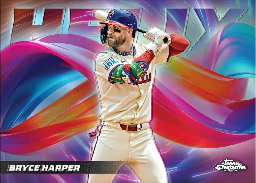 Bryce Harper Phillies Topps Chrome insert card with large stylized lettering and a swirling multicolor background, an example of an insert design