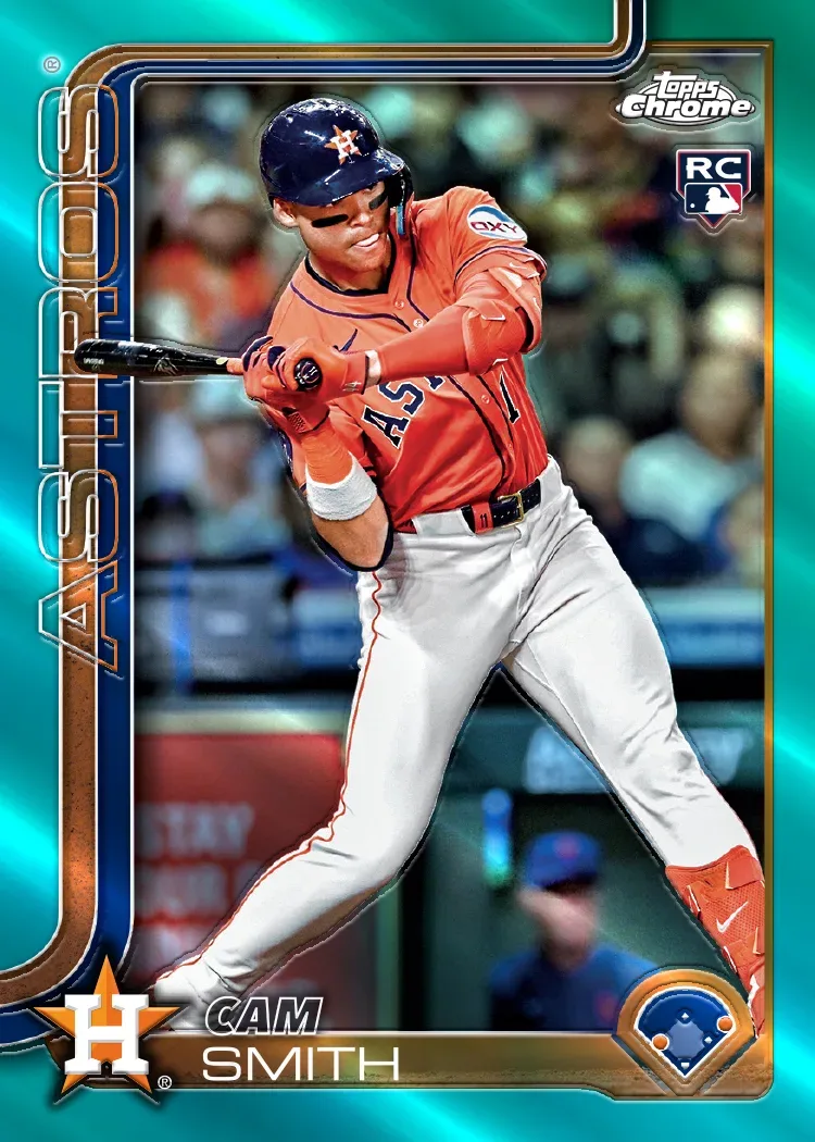 2025 Topps Chrome Update Cam Smith Astros rookie card in a teal refractor finish with the RC logo at upper right