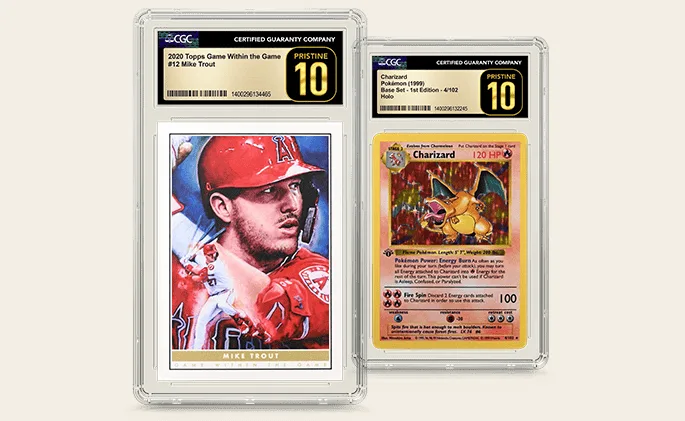 Two CGC slabs graded Pristine 10, a 2020 Topps Game Within the Game Mike Trout card and a 1999 Pokemon Charizard