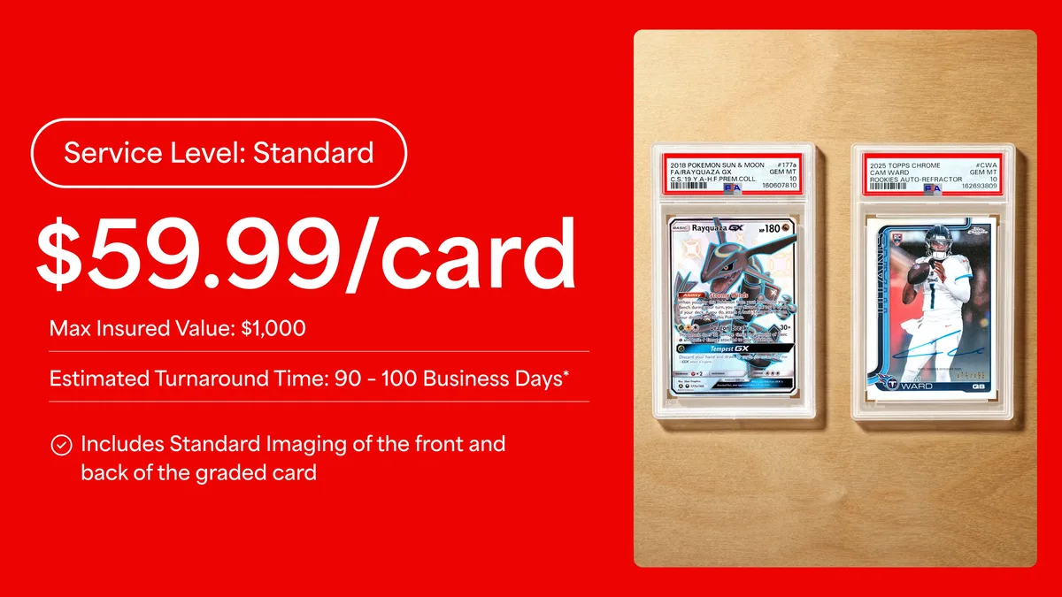 PSA graphic for the Standard service level at $59.99 per card, $1,000 max insured value and 90 to 100 business days, next to a PSA 10 Cam Ward Topps Chrome rookie auto