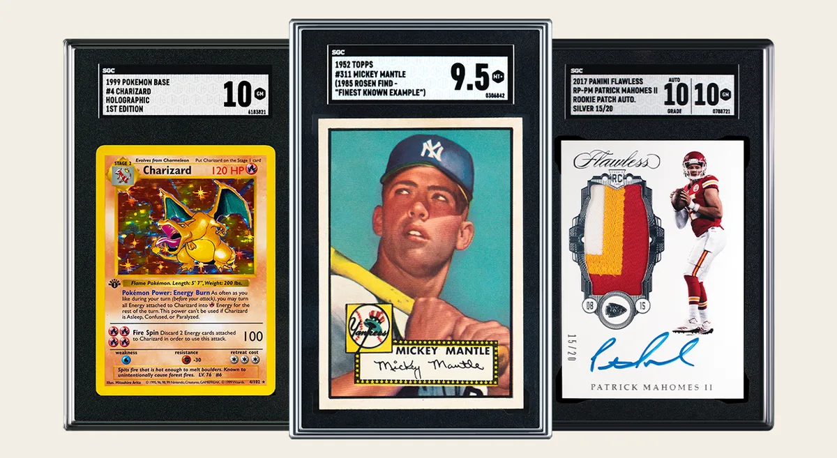SGC display of three graded cards in black SGC slabs, a Charizard, a 1952 Topps Mickey Mantle and a Patrick Mahomes patch autograph