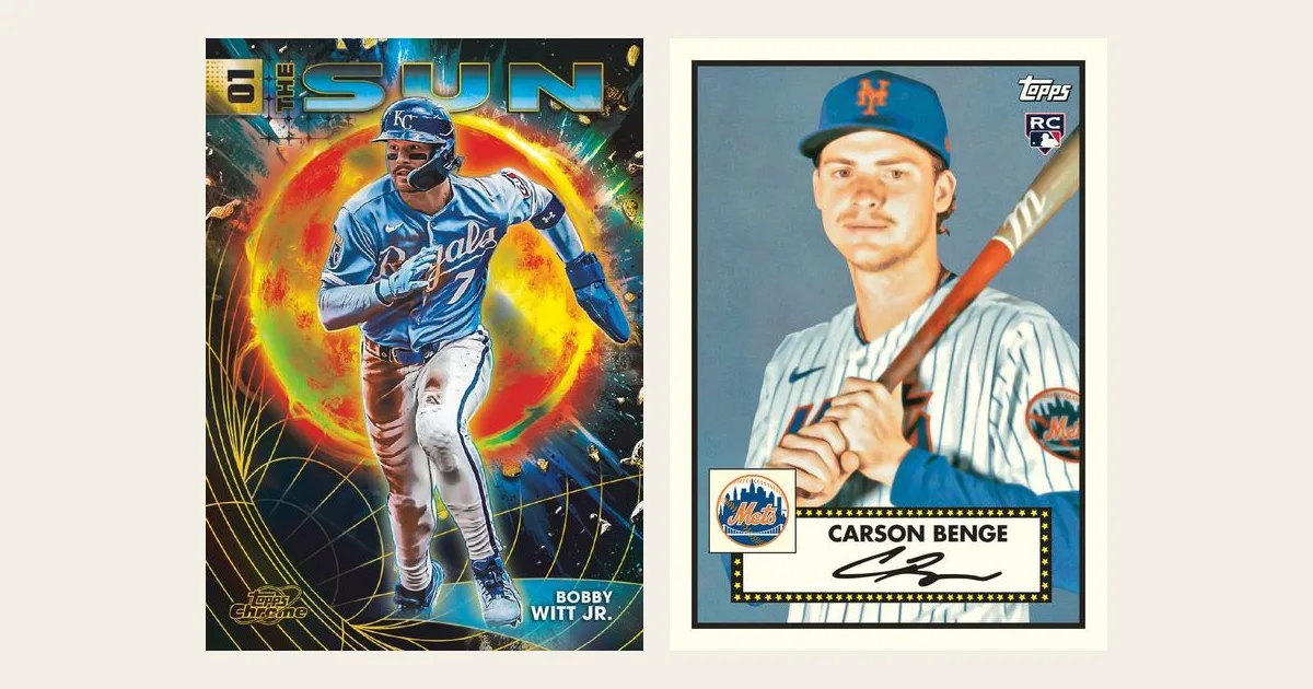 A Planetary Pursuit Sun card of Bobby Witt Jr. next to a 1952-style rookie variation of Carson Benge