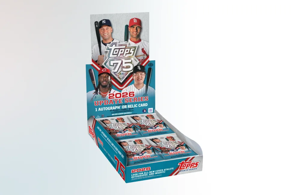 2026 Topps Update Series hobby box, lid open, with packs inside and "1 Autograph or Relic Card" printed on the lid