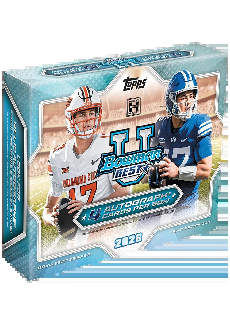2026 Bowman U Best Football hobby box with two college quarterbacks and four autograph cards per box on the front