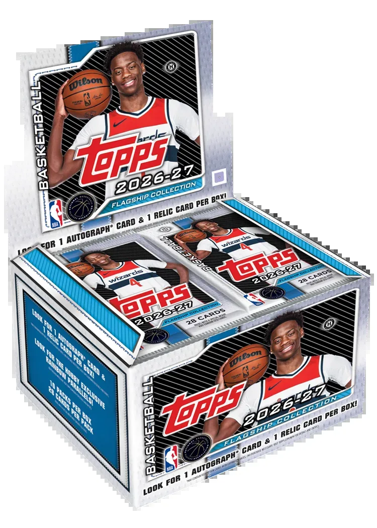 2026-27 Topps Flagship Basketball hobby jumbo box with packs inside and one autograph card and one relic card per box printed on the lid