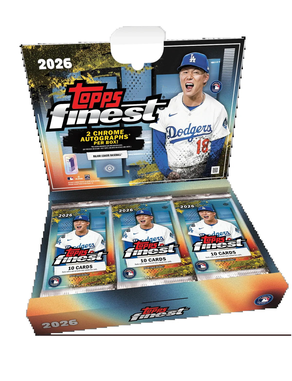 2026 Topps Finest Baseball First Day Issue box opened to show three 10-card packs, with two Chrome autographs per box on the lid