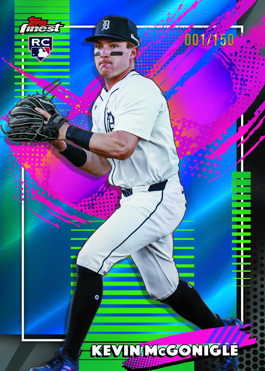 2026 Topps Finest Kevin McGonigle Tigers rookie card with a blue, green and pink refractor design, numbered 001/150