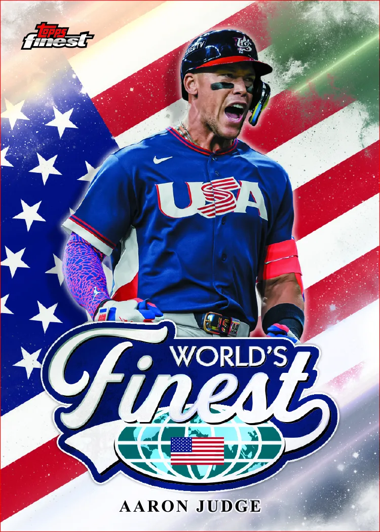 2026 Topps Finest World's Finest insert card of Aaron Judge in a USA jersey against an American flag background