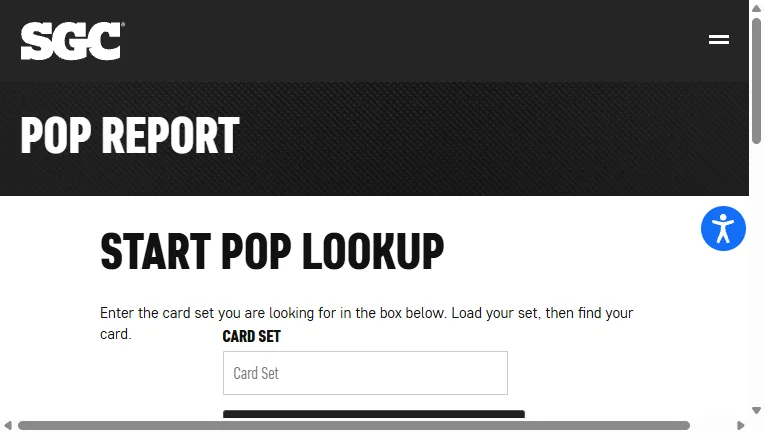 SGC Pop Report page with a Start Pop Lookup heading and a Card Set search box