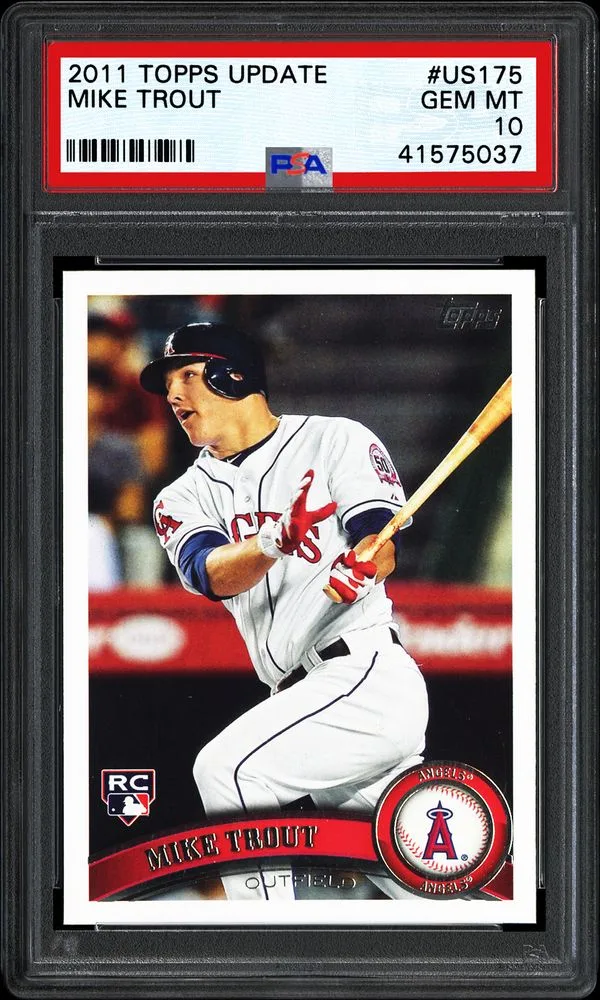 PSA slab of a 2011 Topps Update #US175 Mike Trout rookie card graded GEM MT 10, red label