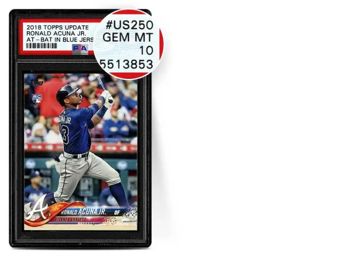 PSA graphic of the met scenario: the same Acuna Jr. card in a PSA slab with a magnified red label reading GEM MT 10