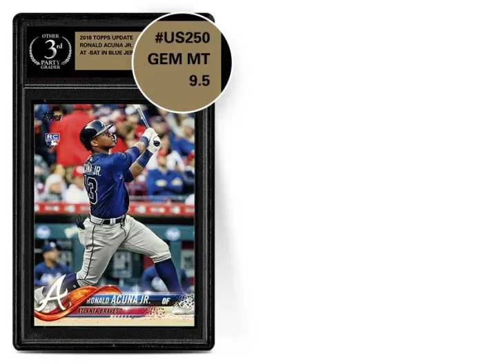 PSA graphic of the not met scenario: the 2018 Topps Update Ronald Acuna Jr. card still in the other grader's gold label slab, with a magnified label reading GEM MT 9.5